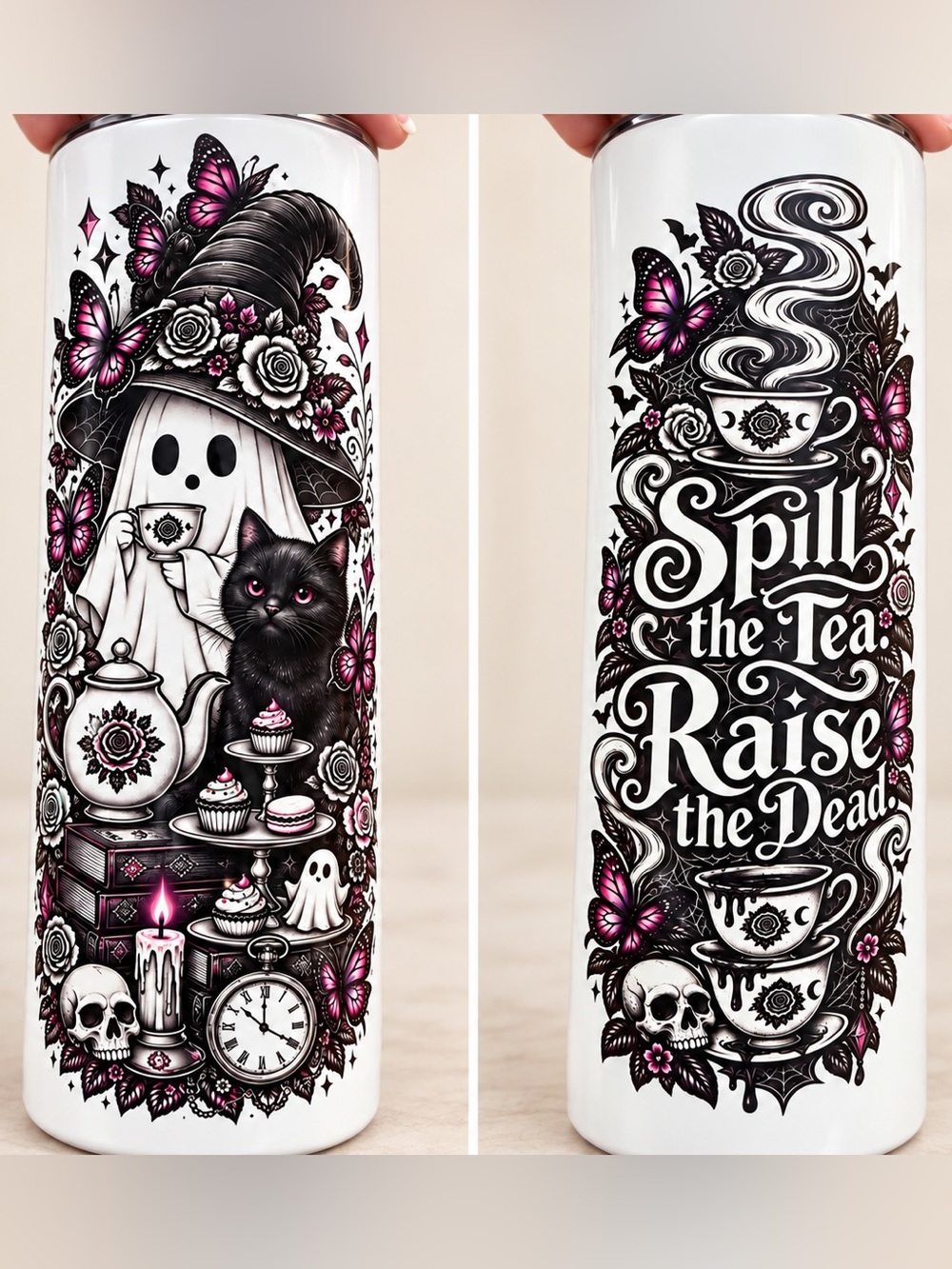 Ghost Tea Party 20 oz Tumbler | Black Cat | Spill the Tea Raise the Dead